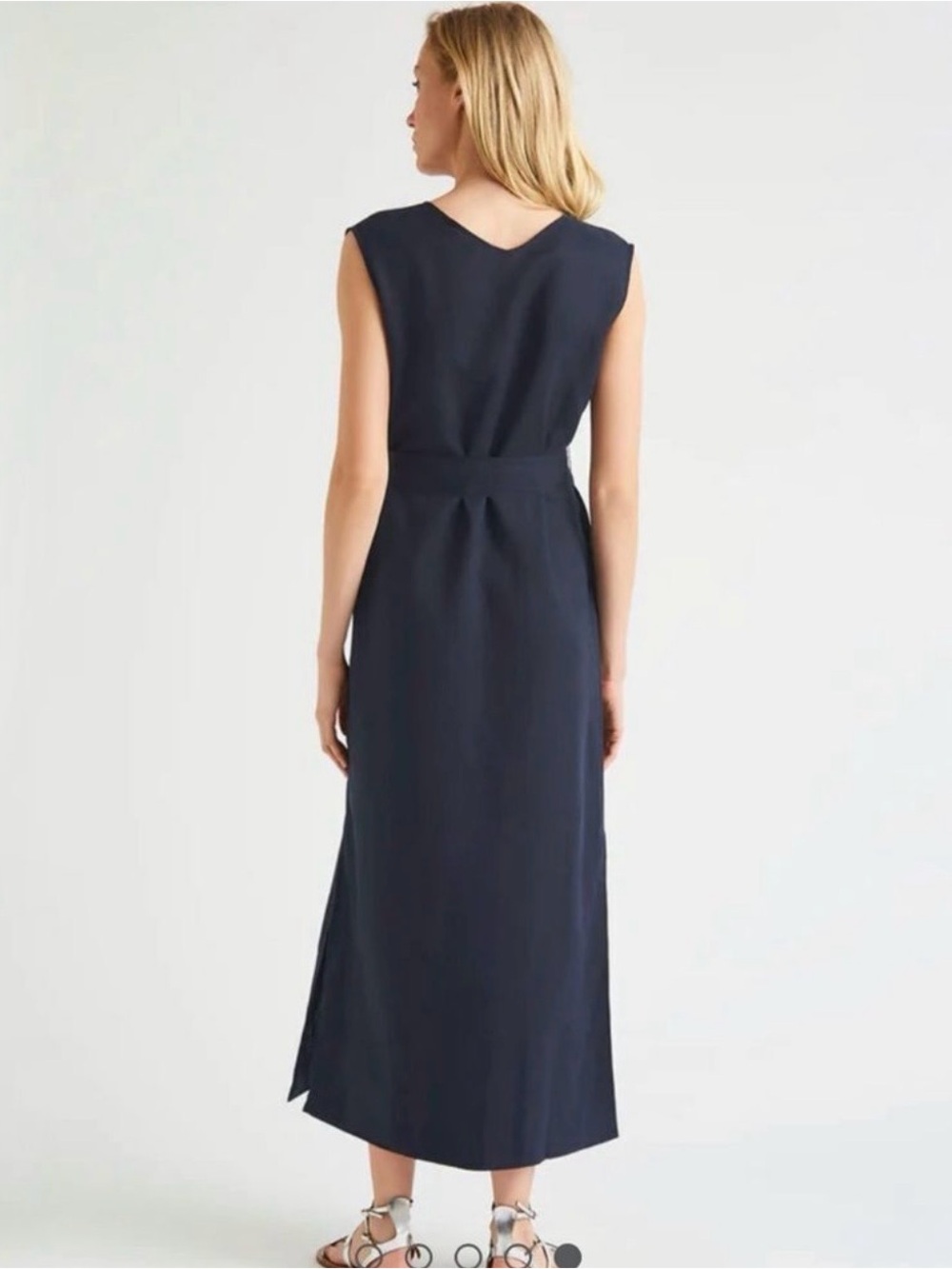 Splendid Navy Mabel V-Neck sleeveless Belted Maxi Dress linen blend Sz S EUC - Picture 2 of 4
